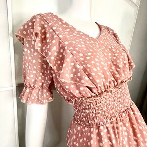 Dusty Rose Smocked Midi Dress Flutter Sleeve Romantic M